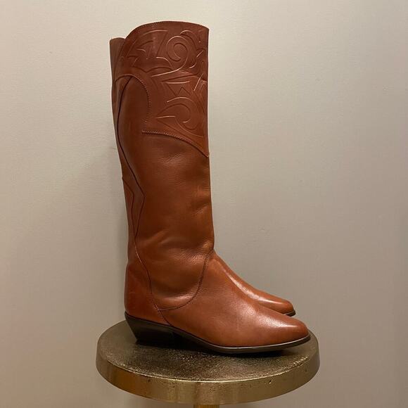 Vintage 80s Leather Boots 7 | Made in Brazil, Embossed Western Riding Boots, NEW - Picture 3 of 9